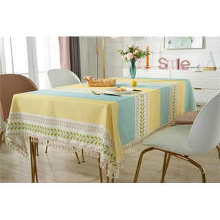 TROYSINC Tischdecke, Abwaschbar Tischdecken mit Quaste, Landhausstil Rechteckige Tischdecke Leinenoptik Tischdecke Tischwäsche für Home Küche Dekor (Gelb+Blau,100 x 140 cm)