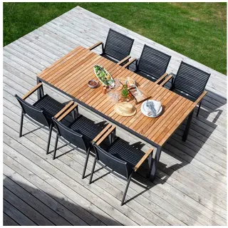 Cinas Garten-Essgruppe Mood, (7-tlg), Gartentisch, Rund, Teak, Aluminium, Retro, skandinavisch braun|grau