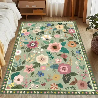 Generisch Teppich Quadratisch,Modernes Blumenmuster für Mädchenzimmer, Mehrfarbig, grün, 150 x 150 cm, Kurzflor Teppiche fürs Wohnzimmer Schlafzimmer Esszimmer Küche Flur Dekoration