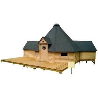 JVmoebel Grillkota Holz Grillhütte mit zentralem Grillplatz und großen Fenstern, (Maßeinheit, Maße), Made in Europe beige|braun