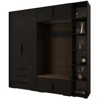 Abiks Möbel Garderoben-Set, Schwarz, Braun, Schwarz, Holz, Nachbildung, 2-Sitzer, 13 Fächer, 240x236.7x47 cm, Garderobe, Garderoben-Sets & Serien, Garderoben-Sets