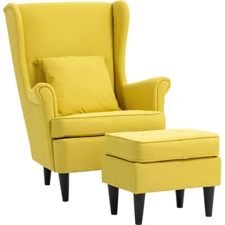 HOMCOM Ohrensessel mit Hocker Sessel mit Leinenoptik, Lendenkissen, Loungesessel Modern Relaxsessel mit Armlehne für Wohnzimmer Schlafzimmer Gelb   Aosom