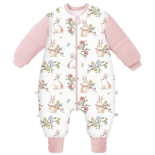 Chilsuessy - Baby Winter Schlafsack mit Füßen und abnehmbar Langarm Pyjamas aus Bio Baumwolle für Kinder von 1 bis 6 Jahren, 3,5 Tog/Kaninchen Garten, S/Baby Höhe 80-90cm