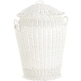 Krines Home Wäschetonne Wäschekorb Wäschetonne Wäschesammler Ø 50 cm aus echtem Rattan, rund mit Deckel und Inlett weiß