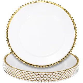 QUARKZMAN 6 klare Platzteller, 33 cm, runde Platzteller aus Kunststoff mit Perlenbesatz, Abendessen-/Dessertteller für Hochzeitsfeiern, Tischdekoration, Gold auf Weiß