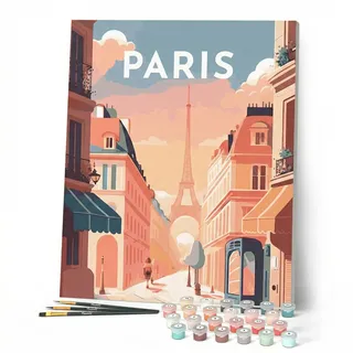 Figured'Art Malen Nach Zahlen Erwachsene Mit Rahmen Reiseplakat Paris I - Paint by Numbers Basteln DIY Bastelset 40x50cm - Leinwand gespannt auf Holzrahmen