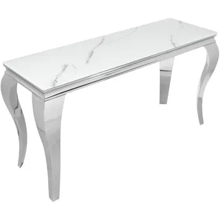 Konsolentisch MODERN BAROCK 145cm - grau weiß - Sicherheitsglas Edelstahl | Beistelltisch, Marmor-Optik, hochwertig, 50 kg Belastbarkeit, glamouröses Flair, Eyecatcher, Edelstahlgestell