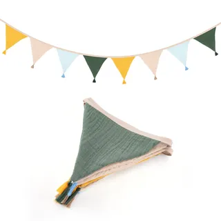 jijAcraft Wimpelkette Kinderzimmer Gelb-Grün: 2,8 m Girlande mit Quasten | Doppelseitige Stoff Wimpelkette aus Musselin-Baumwolle, 12 Wimpel à 15 cm für Babyzimmer, Hausbett und Natur-Deko