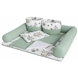 Wickelauflage Set 6-teilig – Wickelunterlage aus Baumwolle & Waffelstoff – Baby Wickelauflage – Geschenk zur Babyparty – Wickeltischauflage – 75x72 cm (Breite x Tiefe), Safari und Dusty Mint