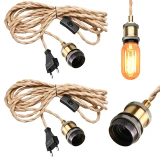 Pendelleuchte Vintage, 2 Stück Lampenfassung E27 mit kabel, 460CM Hanfseilkabel Verlängerung Industriestil mit Schalter und Stecker, DIY Hängelampe für Loft Farmhouse ohne Glühbirne