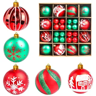 JOFONY Weihnachtsbaumkugeln,44 Stück Weihnachtskugeln Set,6cm und 3cm Christbaumkugeln Weihnachtsbaumschmuck Weihnachtskugeln Rot und Grün baumkugeln für Indoor Outdoor Weihnachtsbaum Deko
