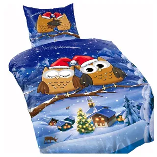Leonado Vicenti Bettwäsche Winter flauschig warm, Fleece, 2 teilig, Thermofleece kuschelig weich, Eulenpaar blau|braun