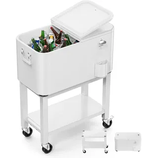 Bonnlo 57L Servierwagen mit Rollen, Beistellwagen, Patio-Kühlwagen, Kühlbox, Getränkekühler mit Flaschenöffner, Praktisch für Outdoor-Partys und BBQs, 35,5 x 66 x 81 cm, Weiß