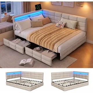Polsterbett Schlafsofa 140x200 cm,Jugendbett 140x200 mit LED und USB Ladestation,Daybett Tagesbett mit 2 Schubladen,Kinderbett Sofabett Gästebett Bettgestell mit Lattenrost,Leinen,Ohne Matratze