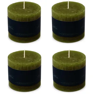 Stumpenkerzen Rustic 4er Set 7x7 cm - Brenndauer: 25 Std., rußfrei, 100% Paraffin - für Kerzenständer, Kerzenhalter, Weihnachten, Hochzeit, Blockkerze, Kerze, Adventskranz, Advent (olive grün)