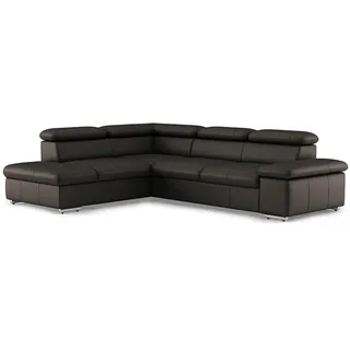 CAVADORE Echtleder-Schlafcouch Valerie mit Ottomane / Ecksofa mit Bettfunktion + Kopfteilverstellung / 272 x 73 x 226 / Leder Dunkelbraun
