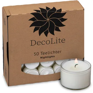 DecoLite Teelichter 8h Brenndauer, transparente Hülle, 50 Stück | Made in Germany, RAL-geprüft für rußarmen Abbrand, Nightlights im klaren Cup, ohne Duft, für Gastronomie & Windlicht