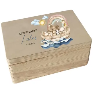 minimutz Erinnerungskiste Taufe Holz - Personalisiert mit Name - Aufbewahrungsbox bunter Druck Arche Noah Tiere für Baby Kindheitserinnerungen M (30x20x14cm)