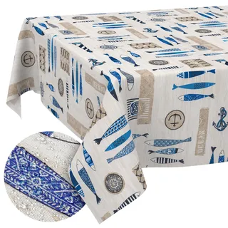 ANRO Tischdecke abwaschbar Maritim 130x90 cm Outdoor wetterfest | Tischwäsche aus beschichtetem Stoff – schmutz- & wasserabweisend, pflegeleicht – waschbar bei 30 °C