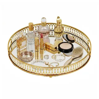 Tablett Spiegeltablett Gold Dekotablett Metall Spiegelglas Schmuck-Parfüm Organizer Serviertablett Dekoratives Tischtablett für Badezimmer Schlafzimmer Hochzeiten 32cm