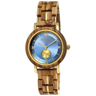 Holzwerk Quarzuhr BRANDIS kleine Damen Holz Armband Uhr in ahorn beige, gold & hell blau