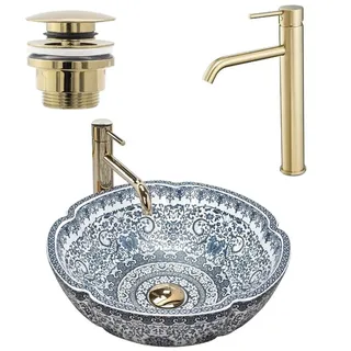 wohnwerk.idee Aufsatzwaschbecken Vintage Waschschale orientalisch Blau-Weiß mit Armatur blau