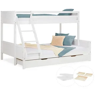 Homestyle4u Etagenbett Kinderbett 90x200 und 140x200 2 Matratzen Weiß oder Grau Holz 2 Kinder (inkl. 2 Matratzen und Bettkasten) weiß