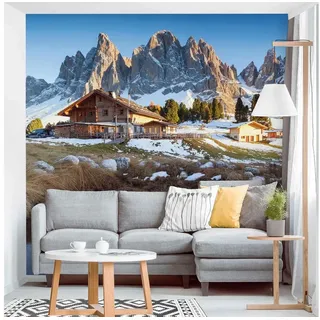 Bilderdepot24 Fototapete Berge Berghütte 3D-Effekt Natur Landschaft Wanddeko XXL, Glatt, Matt, (Vliestapete inkl. Kleister oder selbstklebend), Wohnzimmer Schlafzimmer Küche Flur Motivtapete Vliestapete Wandtapete blau 0.96 m x 0.96 m