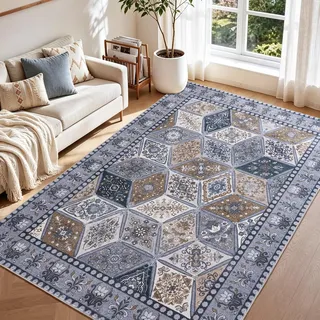 Calinline Dunkelgrau Großer Kurzflor Schlafzimmer Teppich, 200x230 cm | Vintage Teppich Wohnzimmer, Rutschfester Perserteppich Teppiche, Wohnzimmerteppich für Esszimmer Büro Küche Läufer
