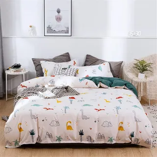 Odot Bettwäsche 135x200 cm 3 Teilig, Mikrofaser Bettwäsche-Set mit Reißverschluss + 2 Kissenbezüge 50x75 cm, Bettgarnitur Bettbezug Kinder mit Dinosaurier Cartoon Muster, Weiß Grün