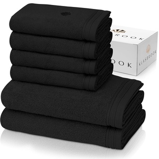 KLASBROOK® Linnea 6 teiliges Luxus Handtücher Set Schwarz, extra flauschig und saugfähig aus 100% Baumwolle Oeko-TEX 100 Zertifiziert mit Aufhänger, 4 Handtücher 50x100 + 2 Badetücher 70x140