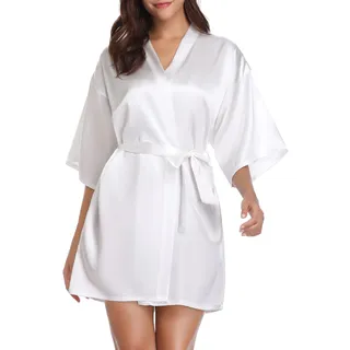 Vlazom Kimono Robe Damen Morgenmantel Kurzer Satin Bademantel Mit Gürtel V-Ausschnitt Kimono(S,Weiß) - S