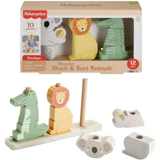 Fisher-Price Holzspielzeug,Tiere zum Stapeln und Sortieren | Holzbasis und 9 Stapelblöcke, für Feinmotorik Problemlösung, Kleinkinder ab 1 Jahr, HXV04