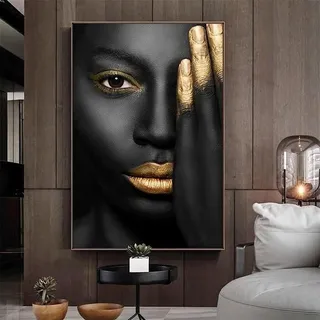MHLCMG Leinwand Malerei Afrikanische Schwarz Gold Frau Bilder Wandkunst Modern Frau Gesicht Poster Kunstdruck Bild Wand Wohnzimmer Schlafzimmer Dekor Kein Rahmen (40X60CM)