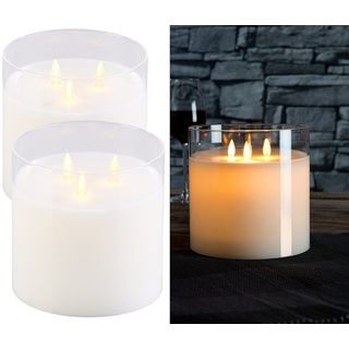 2er-Set LED-Echtwachs-Kerzen im Windglas mit 3 beweglichen Flammen