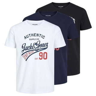 JACK&JONES Herren T-Shirt, 3er Pack - JJETHAN TEE CREW NECK, Vintage Logo, Baumwolle Weiß/Marineblau/Schwarz S