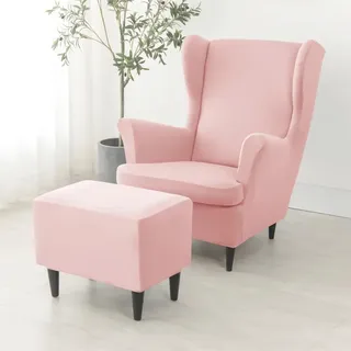 Highdi 2 Teilig Ohrensessel Überzug mit Ottomane Schonbezug, Sessel-Überwürfe Ohrensessel Schonbezüge Bezug Sesselhusse Stretch Tiger Stuhlbezug mit Armlehne Hohe Rückenlehne (Rosa)