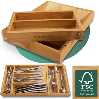 KARBAN Bambus Besteckkasten klein und schmal - Platzsparender Besteckeinsatz als Organizer für Küchenschubladen, FSC-zertifiziertes Holz, steckbarer Schubladen Organizer, 30 x 21 x 6,8 cm