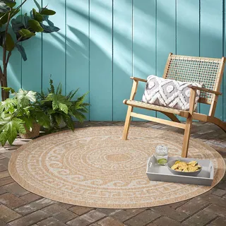 Teppium Outdoor Teppich Wetterfest 200 cm Rund Beige Sisal und Jute Optik - Küchenteppich Waschbar rutschfest, Wasserfest, Greek Design, Pflegeleicht - Ideal für Balkon, Terassen, Garten, Camping