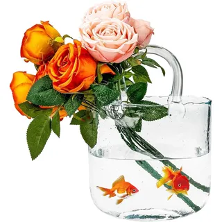 Vase Glas Handtasche Groß, Klare Vasen Bunt Handgemachte Blumenvase, Dekorative Glasvase Gross Vase Aesthetic, Tasche Glasvasen Mit Griff Für Langstielige Blumen, Obst, Fische (transparente)