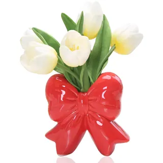 Keramik Vase mit Schleife, Klein Blumenvase Schleifenform Keramikvase, 12 cm Einzigartige Trockenblumen Dekovase, Moderne und Trendige Blumenvasen für Frische Blumen Wohnzimmer Tischdekoration (Rot)