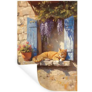 MuchoWow Wandsticker Katze - Fensterbank aus Stein - Blumen (1 St), Wandtattoo, Selbstklebend, Wohnzimmer, 40x60 cm 40 cm x 60 cm x 0.1 cm