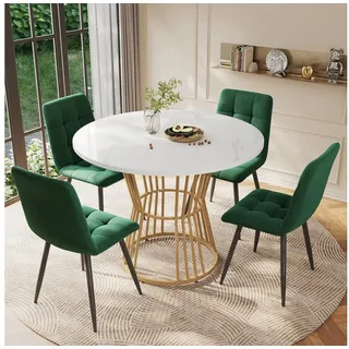 OKWISH Essgruppe 1 Esstisch und 4 Stühle, (Küchentisch-Set, 5-tlg., 1 Tisch mit 4 Stühlen), runder Esstisch mit weiße MDF-Tischplatte, goldenen Metallbeinen