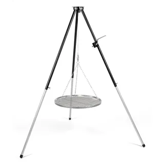 HeRo24 Dreibein Schwenkgrill mit Kurbel inkl. 80 cm Edelstahl Grillrost mit 2 cm Reling Edelstahlseil, Haken & Wirbel höhenverstellbar, mit Tragetasche für Feuerstelle & Camping