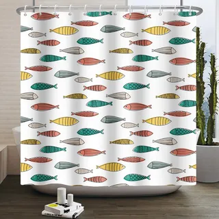 SDOTPMT 122x183cm Fische Duschvorhang Lovely Funny Sketchy Bunte Tiermotive Minimalistische Abstraktion Badewannenvorhang für Badezimmer Home Decor Polyester Stoff mit Haken