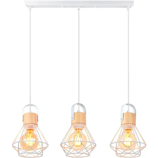 iDEGU 3-flammig Pendelleuchte Industrielle Hängelampe aus Holz und Metall Vintage Lampe mit 16cm Geometrischem Käfig Weiß E27 Retro Hängeleuchte für Esszimmer Wohnzimmer Küche (3-flammig, Balken)