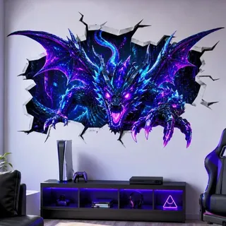 Decords Wandtattoo – Neon-Drache mit 3D-Mauerdurchbruch-Effekt, 40 cm