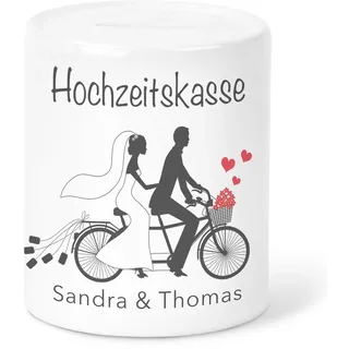 Hochzeitskasse Spardose zur Hochzeit personalisiertes Geldgeschenk Sparschwein mit Tandem & Brautpaar Hochzeitsgeschenk Geld Sparbüchse aus Keramik