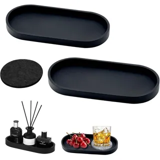 Holz Lichter Dekoschale Deko Tablett 2er Set, Silikon Ablageschalen, Schwarz, Oval, rutschfest (2 St), Pflegeleicht & multifunktional für Bad, Küche & Wohnzimmer schwarz