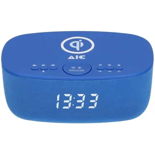 AIC Stylischer Radiowecker mit Bluetooth®, kabelloser Qi-Ladefunktion, Dual Alarm, sattem 6-Watt-Stereoklang, USB-Anschluss und 5 Stufen Dimmer. (Blau)